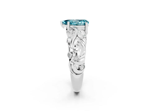White gold Pear Cut Solitaire Blue Topaz Leaf-Inspired Vine Band Ring with Prong Setting_2