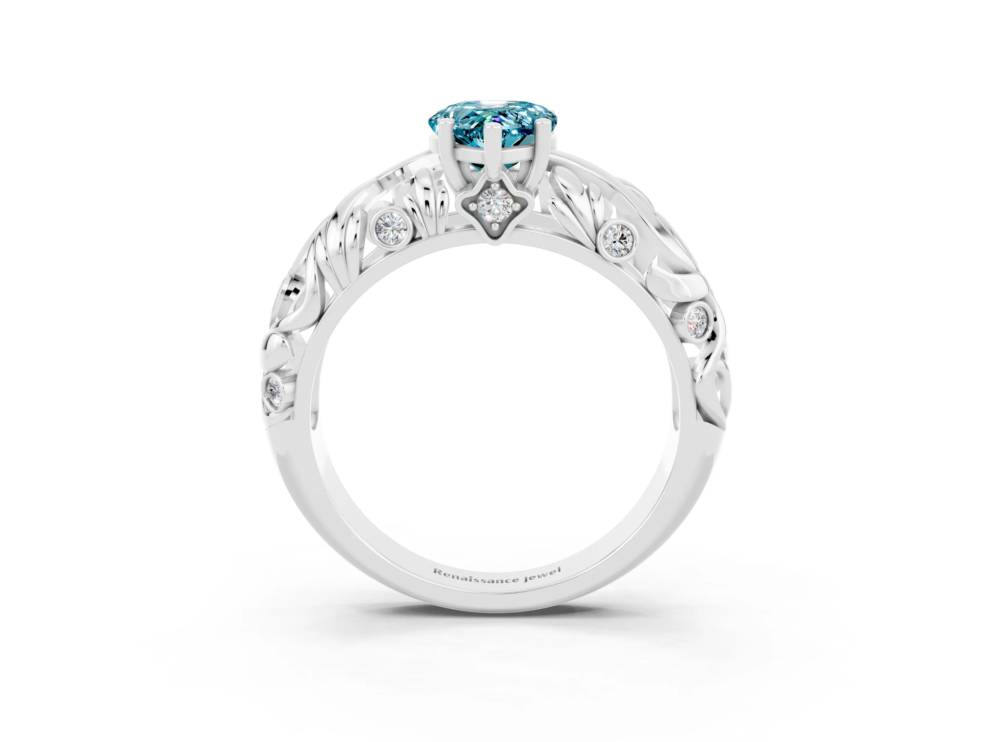 White gold Pear Cut Solitaire Blue Topaz Leaf-Inspired Vine Band Ring with Prong Setting_3