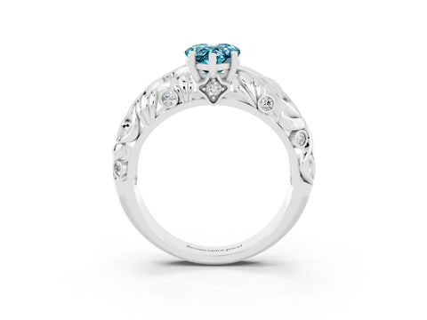 White gold Pear Cut Solitaire Blue Topaz Leaf-Inspired Vine Band Ring with Prong Setting_3