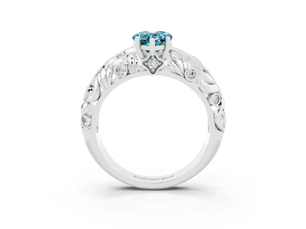 White gold Pear Cut Solitaire Blue Topaz Leaf-Inspired Vine Band Ring with Prong Setting