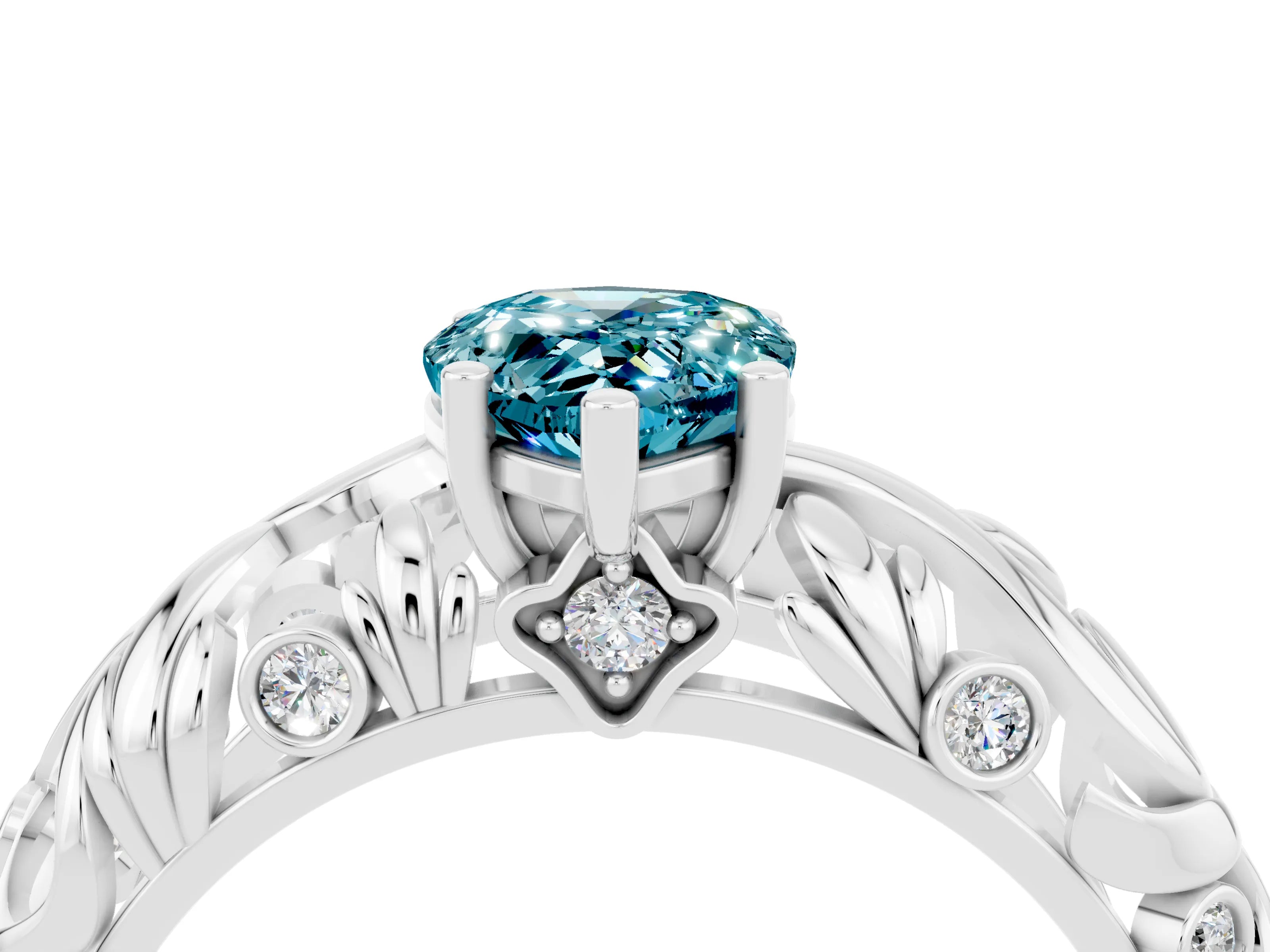 White gold Pear Cut Solitaire Blue Topaz Leaf-Inspired Vine Band Ring with Prong Setting_4