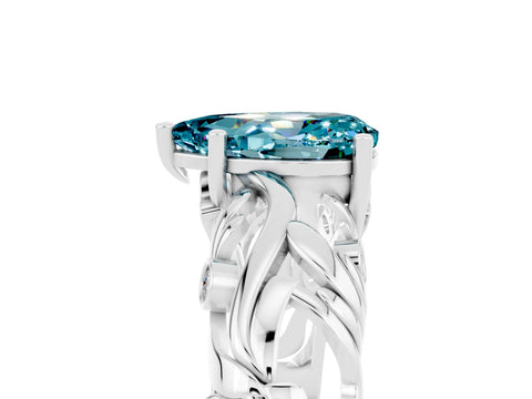 White gold Pear Cut Solitaire Blue Topaz Leaf-Inspired Vine Band Ring with Prong Setting_5