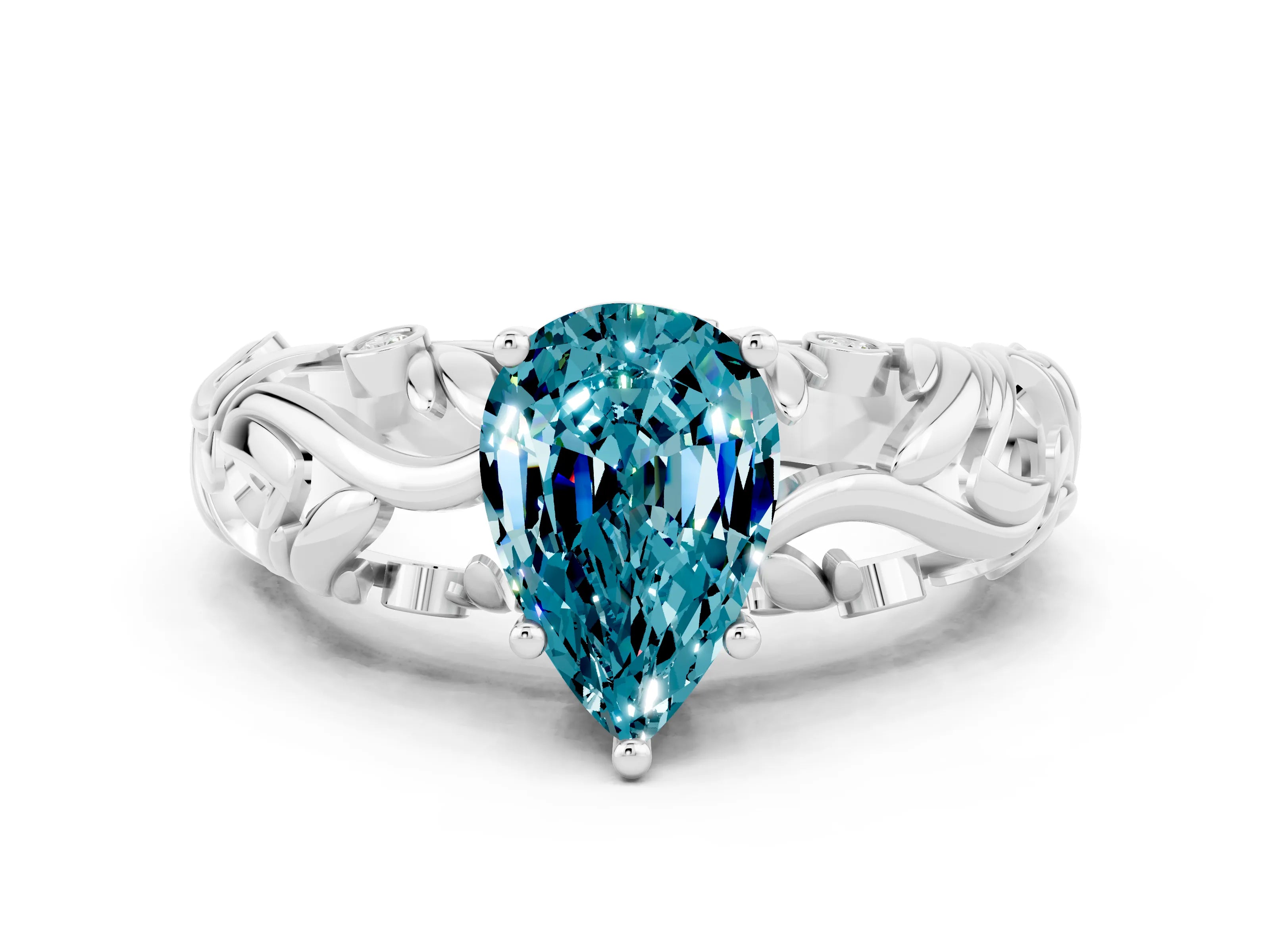 White gold Pear Cut Solitaire Blue Topaz Leaf-Inspired Vine Band Ring with Prong Setting