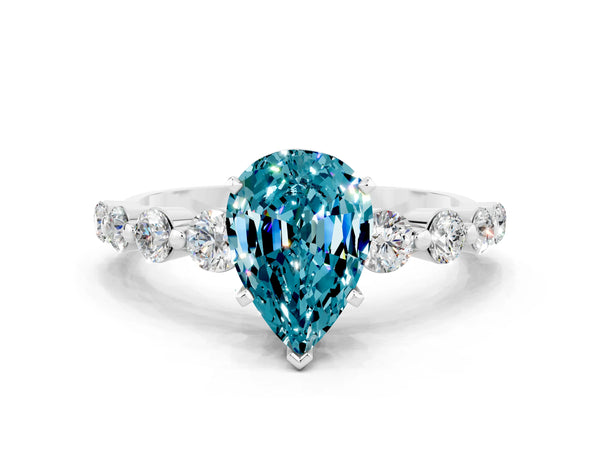 Platinum Pear Cut Solitaire Blue Topaz Ring with Pave Band and Four-Prong Setting