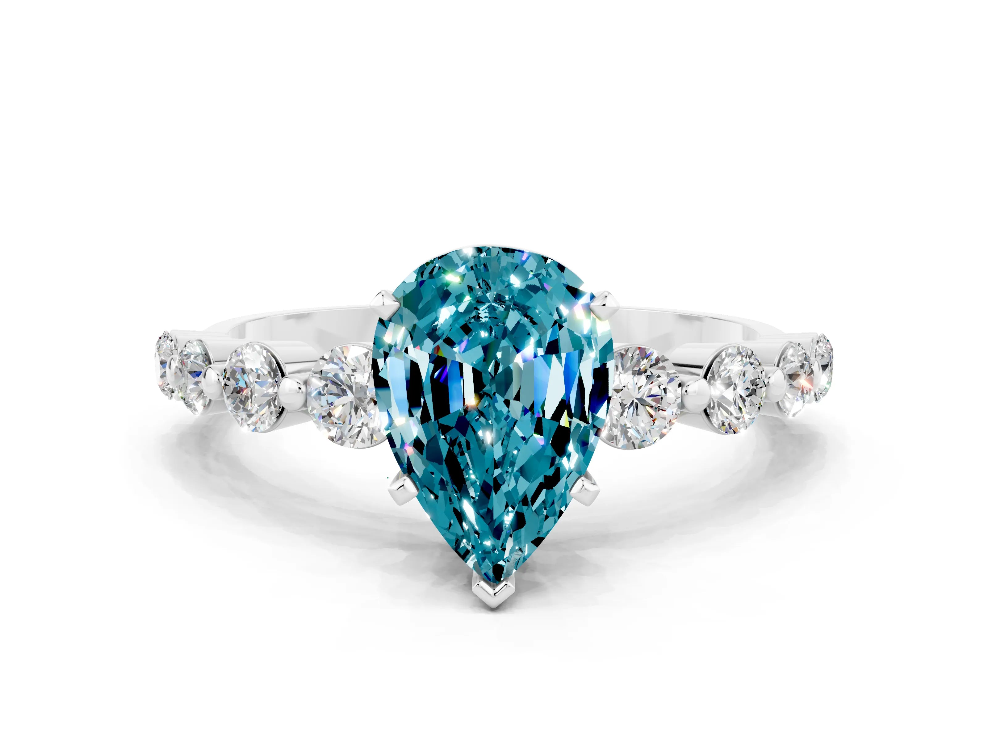 White gold Pear Cut Solitaire Blue Topaz Ring with Pave Band and Four-Prong Setting