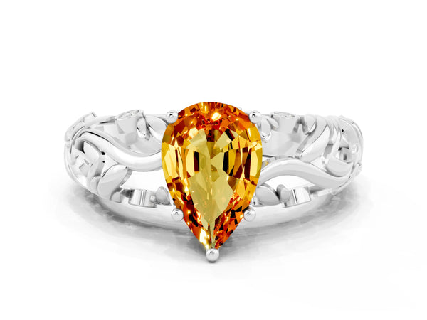 Platinum Pear Cut Solitaire Citrine Leaf-Inspired Vine Band Ring with Prong Setting