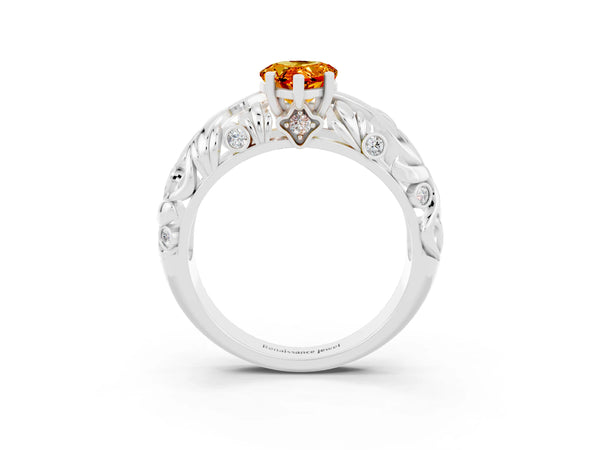 Platinum Pear Cut Solitaire Citrine Leaf-Inspired Vine Band Ring with Prong Setting