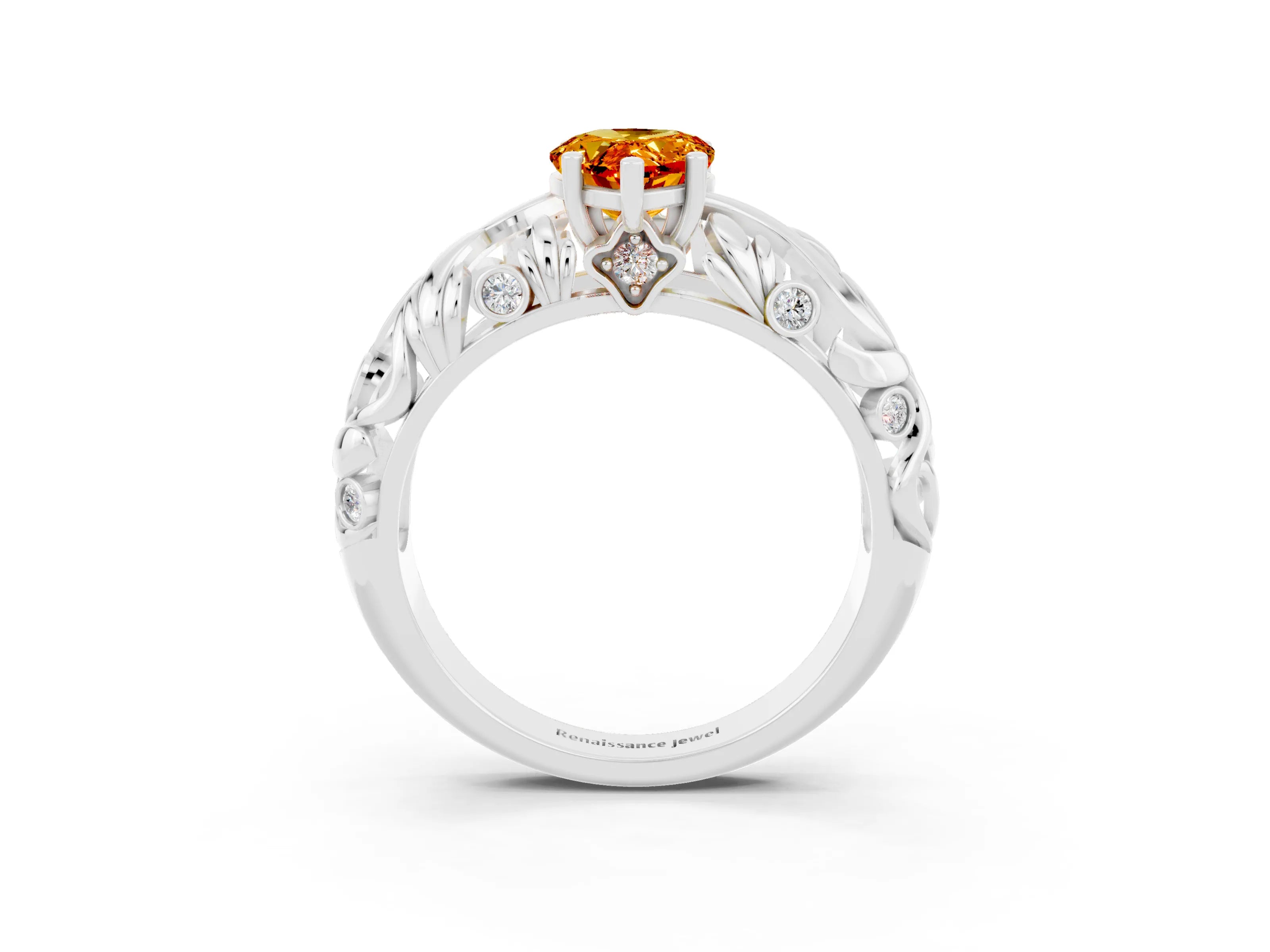 White gold Pear Cut Solitaire Citrine Leaf-Inspired Vine Band Ring with Prong Setting_3