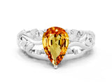 White gold Pear Cut Solitaire Citrine Leaf-Inspired Vine Band Ring with Prong Setting