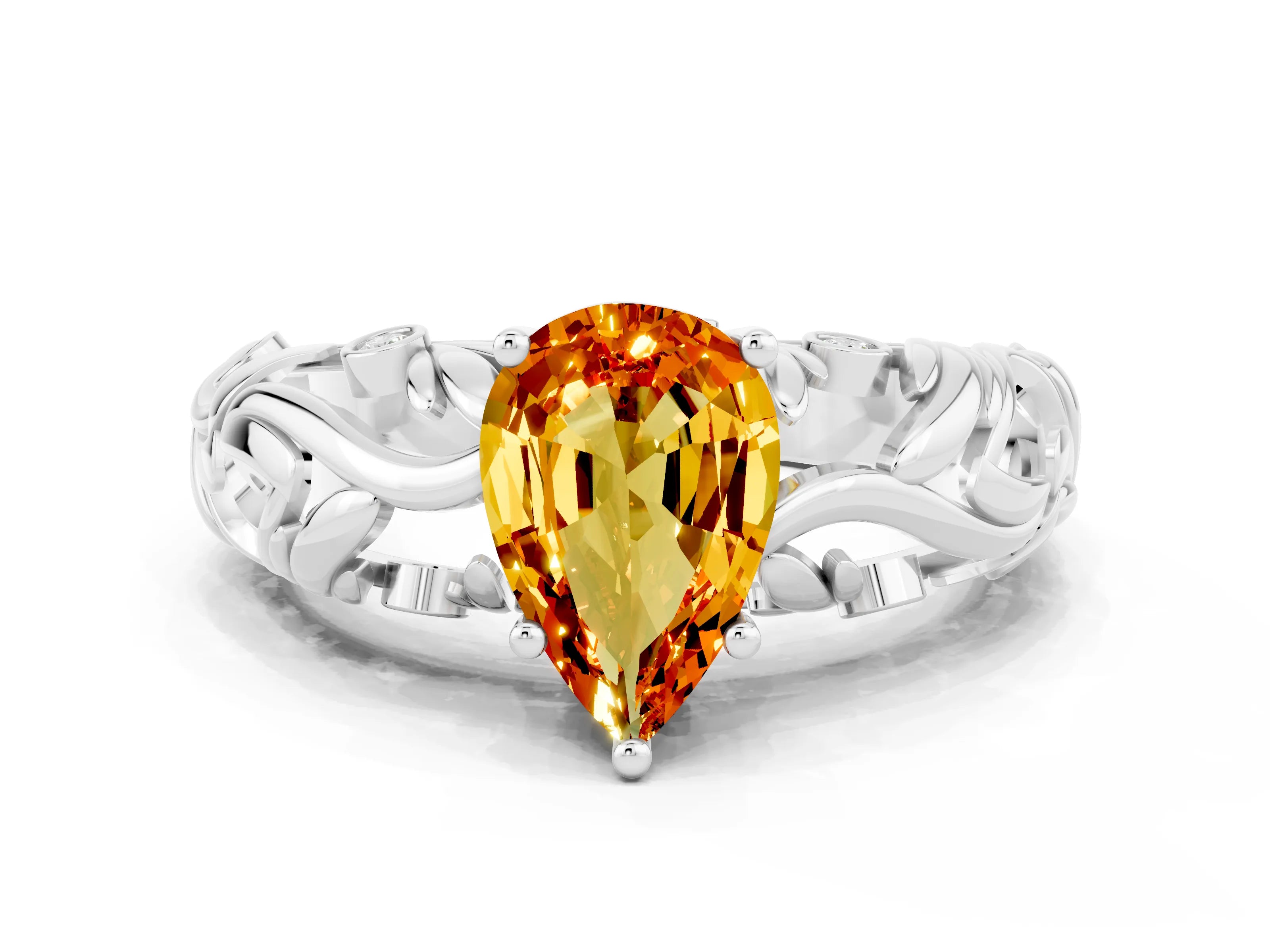 White gold Pear Cut Solitaire Citrine Leaf-Inspired Vine Band Ring with Prong Setting