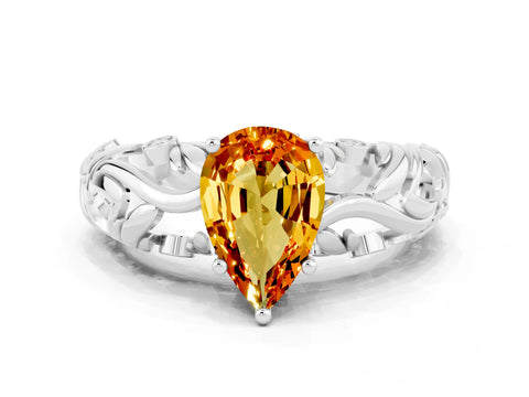 White gold Pear Cut Solitaire Citrine Leaf-Inspired Vine Band Ring with Prong Setting