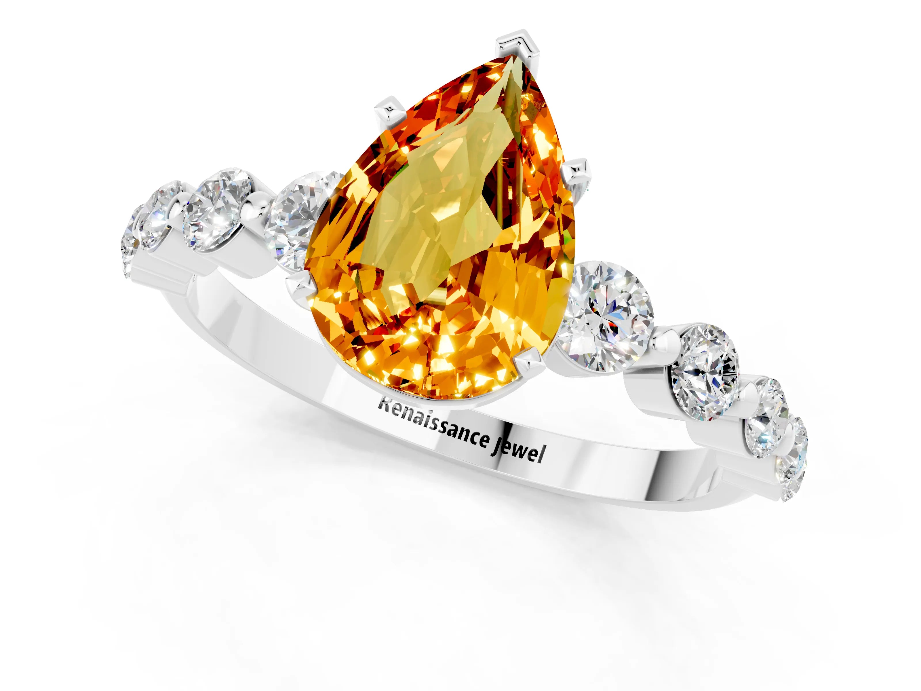 White gold Pear Cut Solitaire Citrine Ring with Pave Band and Four-Prong Setting_1