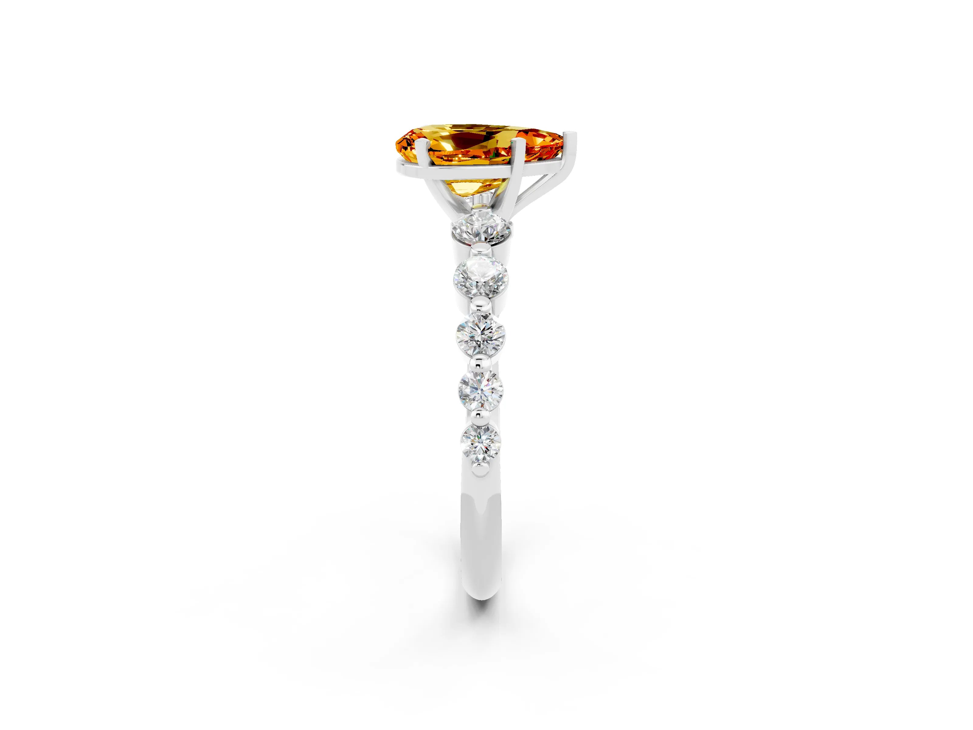 White gold Pear Cut Solitaire Citrine Ring with Pave Band and Four-Prong Setting_2