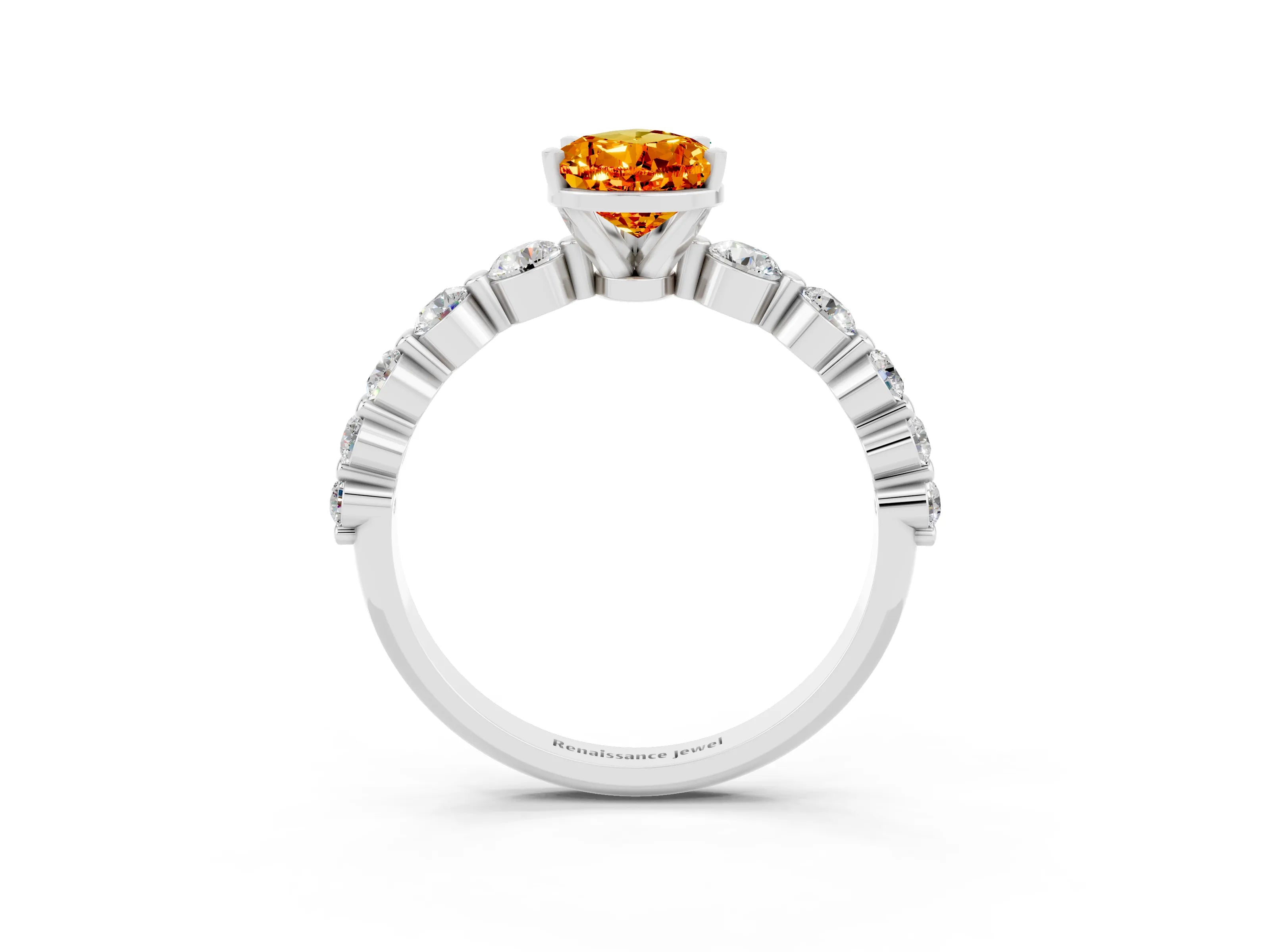 White gold Pear Cut Solitaire Citrine Ring with Pave Band and Four-Prong Setting_3