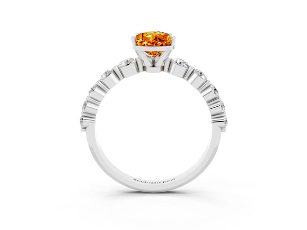 Silver Pear Cut Solitaire Citrine Ring with Pave Band and Four-Prong Setting