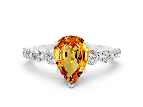 White gold Pear Cut Solitaire Citrine Ring with Pave Band and Four-Prong Setting