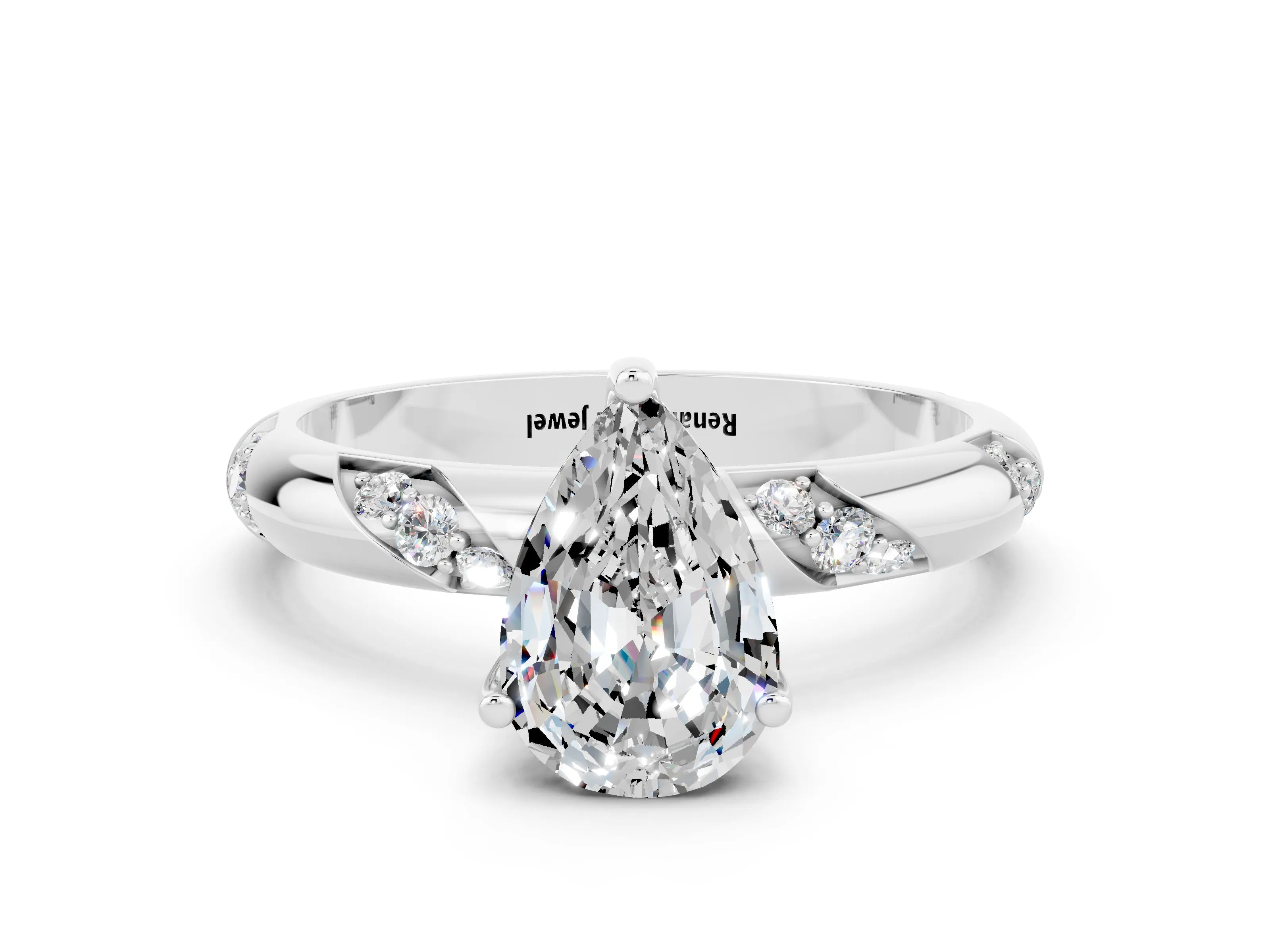White gold Pear Cut Solitaire Diamond Engagement Ring with Twisted Pave Band and Four-Prong Setting