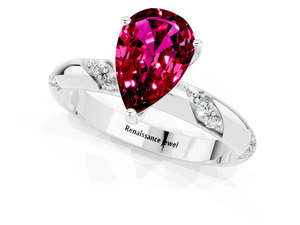 Platinum Pear Cut Garnet Solitaire Engagement Ring with Twisted Round  Accent Band and Prong Setting