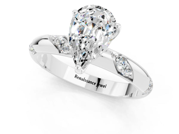 White gold Pear Cut Moissanite Solitaire Engagement Ring with Twisted Round  Accent Band and Prong Setting