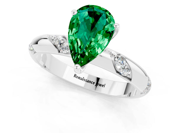 White gold Pear Cut Emerald Solitaire Engagement Ring with Twisted Round  Accent Band and Prong Setting