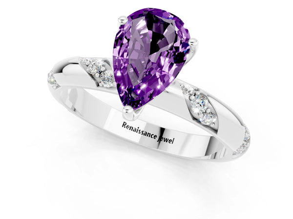 White gold Pear Cut Amethyst Solitaire Engagement Ring with Twisted Round  Accent Band and Prong Setting
