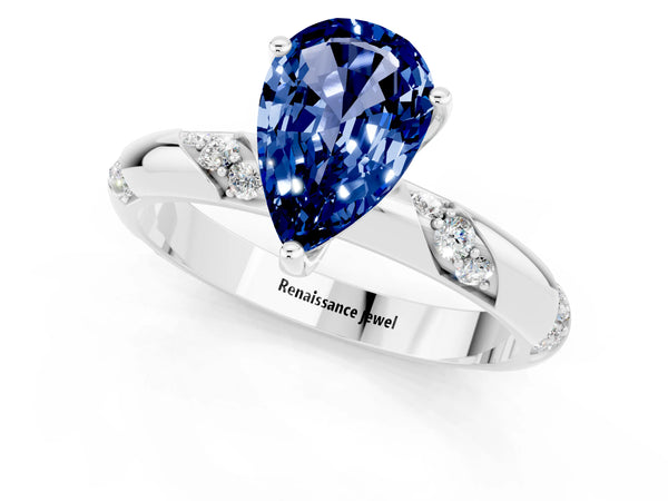 Silver Pear Cut Blue Sapphire Solitaire Engagement Ring with Twisted Round  Accent Band and Prong Setting