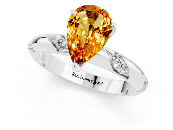 Platinum Pear Cut Citrine Solitaire Engagement Ring with Twisted Round  Accent Band and Prong Setting