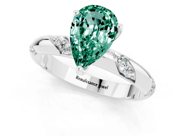 White gold Pear Cut Green Sapphire Solitaire Engagement Ring with Twisted Round  Accent Band and Prong Setting