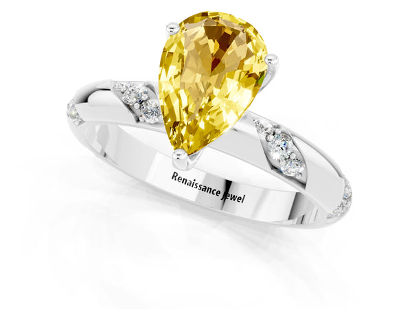 White gold Pear Cut Yellow Sapphire Solitaire Engagement Ring with Twisted Round  Accent Band and Prong Setting