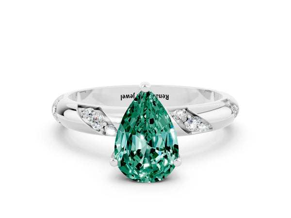 White gold Pear Cut Green Sapphire Solitaire Engagement Ring with Twisted Round  Accent Band and Prong Setting