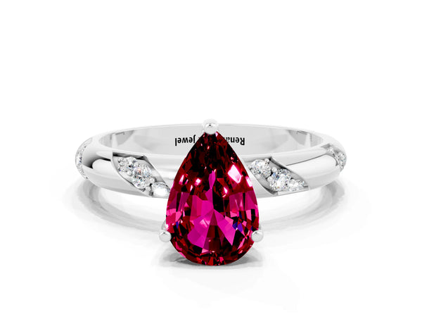 Platinum Pear Cut Garnet Solitaire Engagement Ring with Twisted Round  Accent Band and Prong Setting