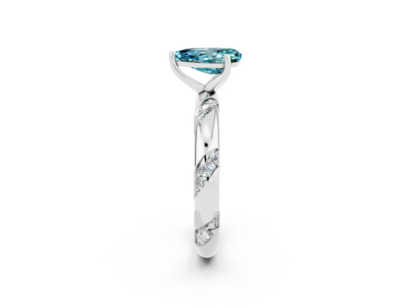 Platinum Pear Cut Solitaire Diamond Engagement Ring with Twisted Pave Band and Four-Prong Setting