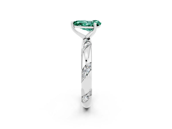 White gold Pear Cut Green Sapphire Solitaire Engagement Ring with Twisted Round  Accent Band and Prong Setting