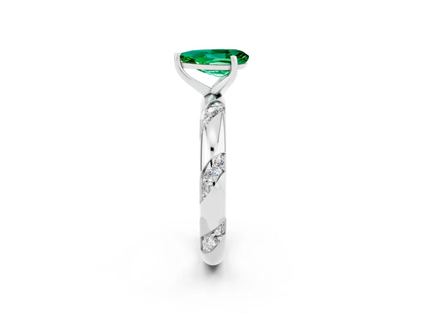 Silver Pear Cut Emerald Solitaire Engagement Ring with Twisted Round  Accent Band and Prong Setting