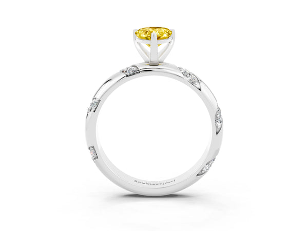 Platinum Pear Cut Yellow Sapphire Solitaire Engagement Ring with Twisted Round  Accent Band and Prong Setting