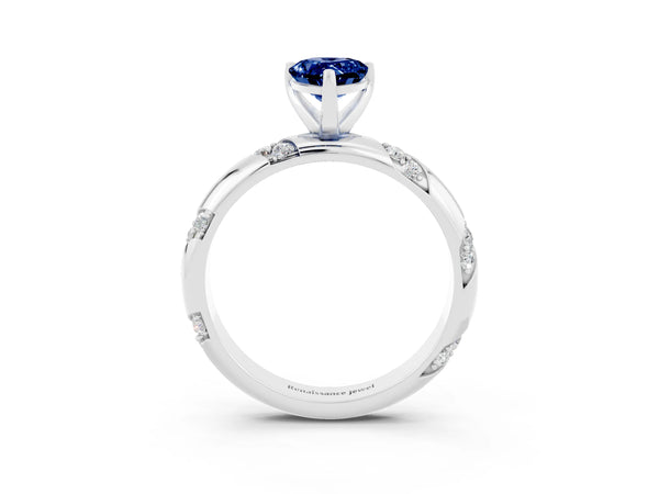 Silver Pear Cut Blue Sapphire Solitaire Engagement Ring with Twisted Round  Accent Band and Prong Setting