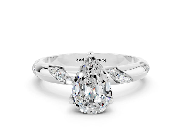 White gold Pear Cut Moissanite Solitaire Engagement Ring with Twisted Round  Accent Band and Prong Setting