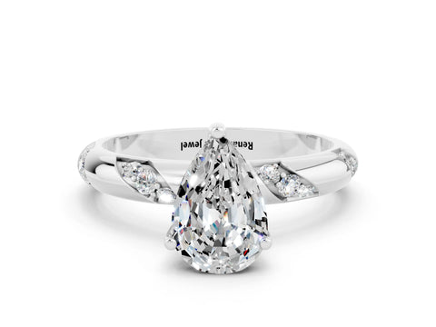 White gold Pear Cut Solitaire Diamond Engagement Ring with Twisted Pave Band and Four-Prong Setting