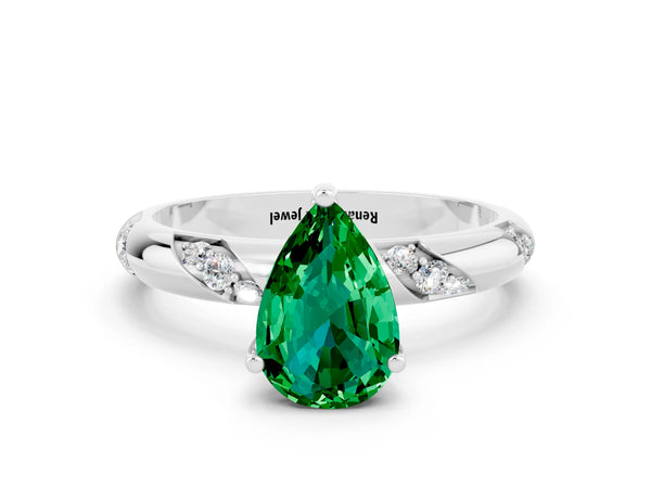 White gold Pear Cut Emerald Solitaire Engagement Ring with Twisted Round  Accent Band and Prong Setting