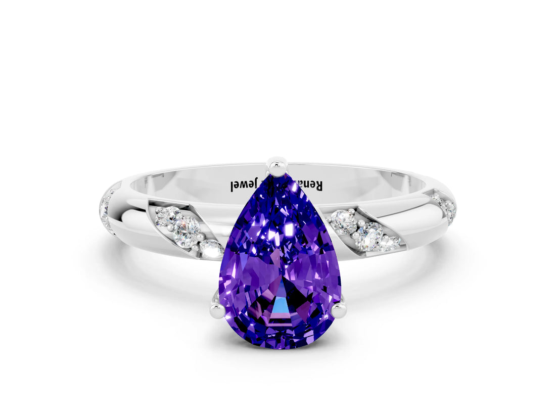 White gold Pear Cut Solitaire Diamond Engagement Ring with Twisted Pave Band and Four-Prong Setting