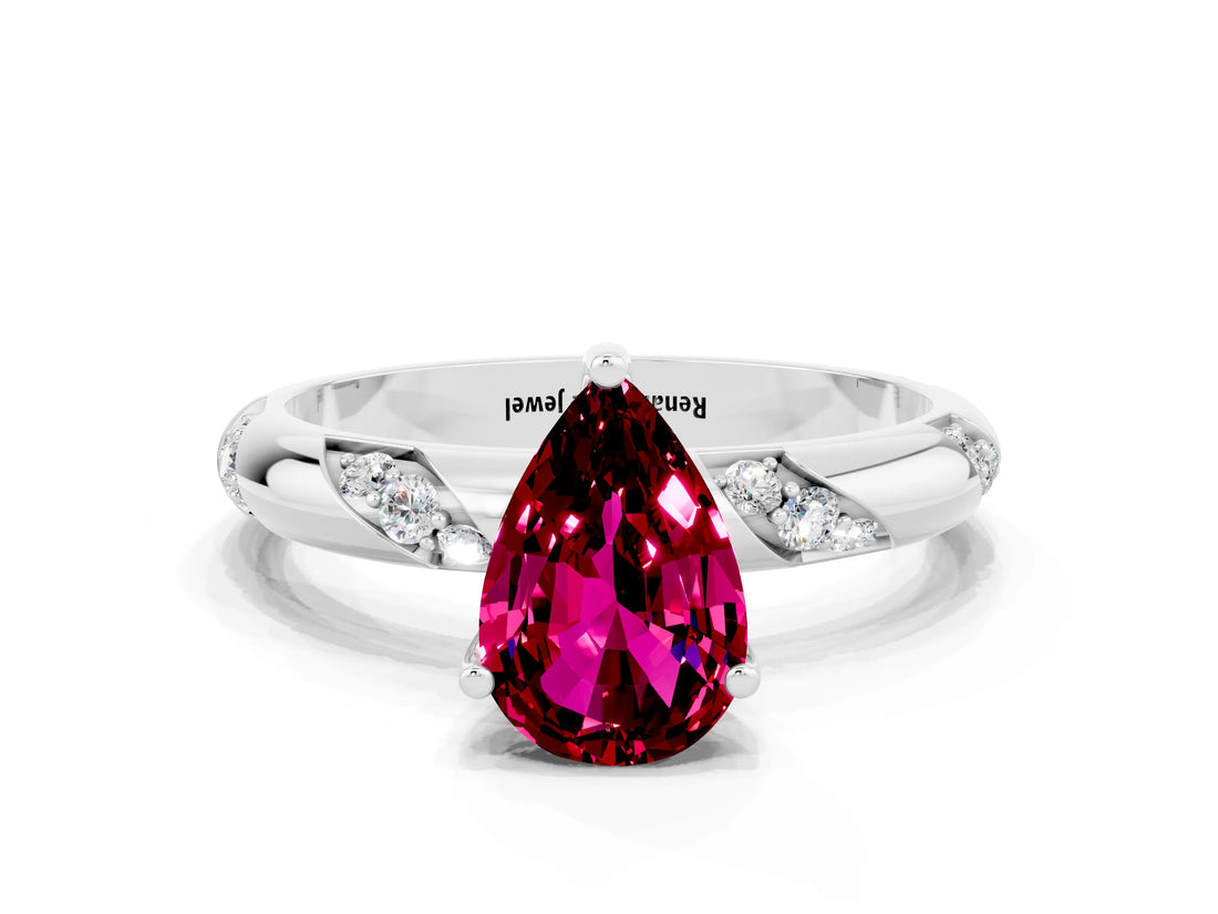 White gold Pear Cut Solitaire Diamond Engagement Ring with Twisted Pave Band and Four-Prong Setting