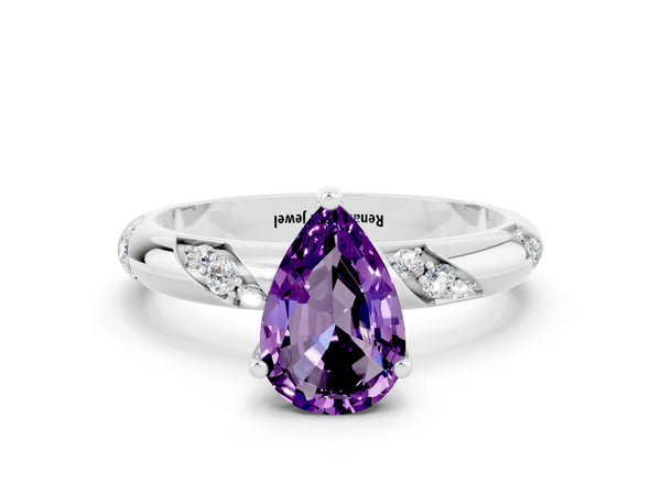 White gold Pear Cut Amethyst Solitaire Engagement Ring with Twisted Round  Accent Band and Prong Setting