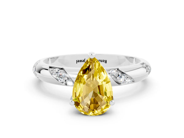 White gold Pear Cut Yellow Sapphire Solitaire Engagement Ring with Twisted Round  Accent Band and Prong Setting