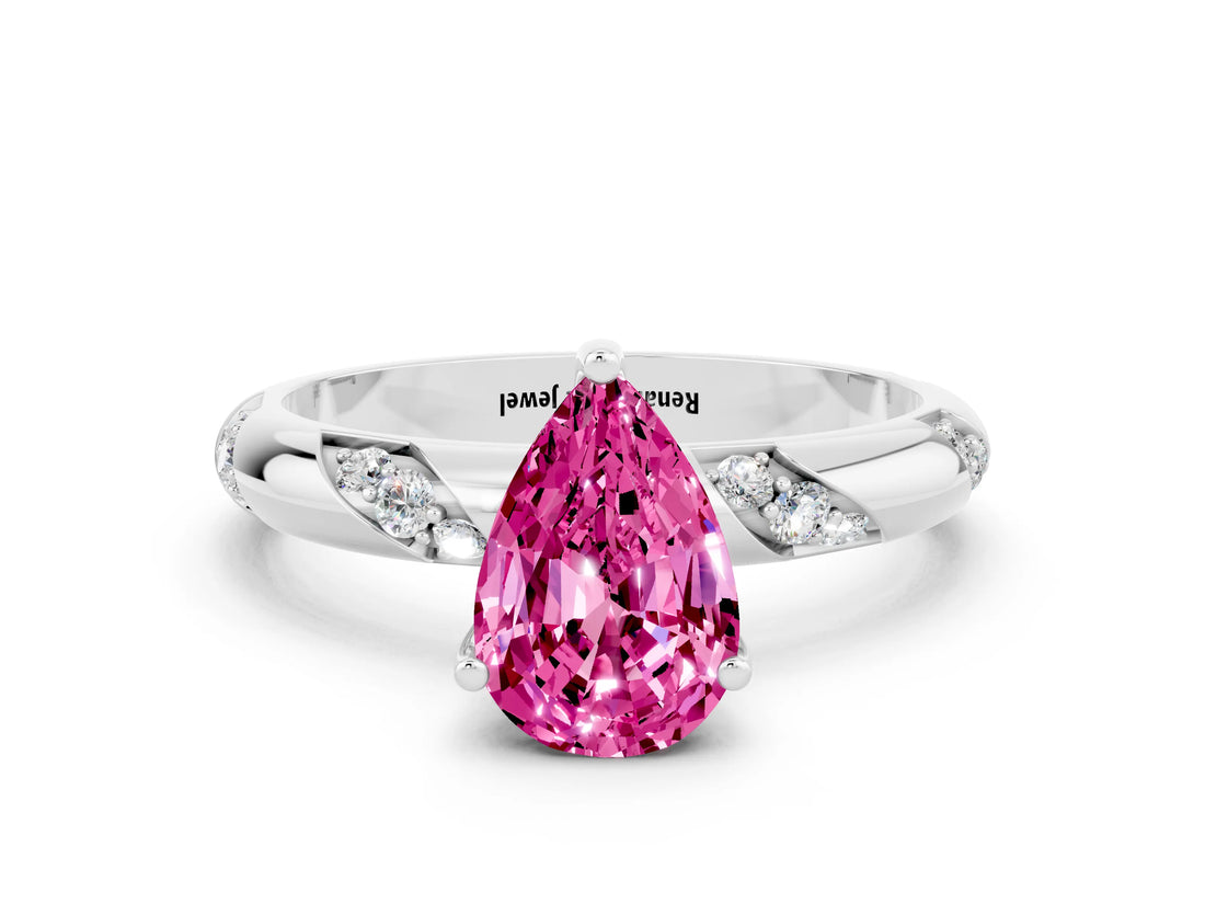 White gold Pear Cut Solitaire Diamond Engagement Ring with Twisted Pave Band and Four-Prong Setting