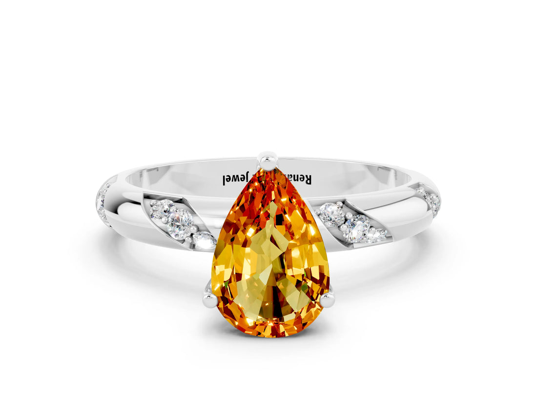 White gold Pear Cut Solitaire Diamond Engagement Ring with Twisted Pave Band and Four-Prong Setting