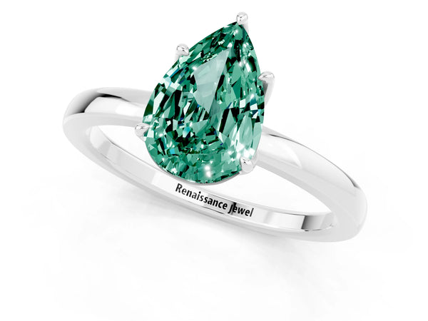 Platinum Pear Cut Green Sapphire Solitaire Ring with Thin Band and Prong Setting