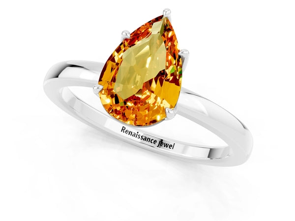 White gold Pear Cut Citrine Solitaire Ring with Thin Band and Prong Setting