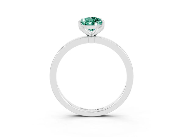 Platinum Pear Cut Green Sapphire Solitaire Ring with Thin Band and Prong Setting