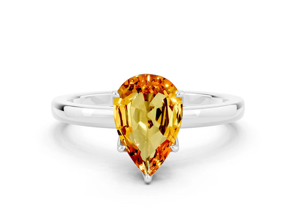White gold Pear Cut Citrine Solitaire Ring with Thin Band and Prong Setting