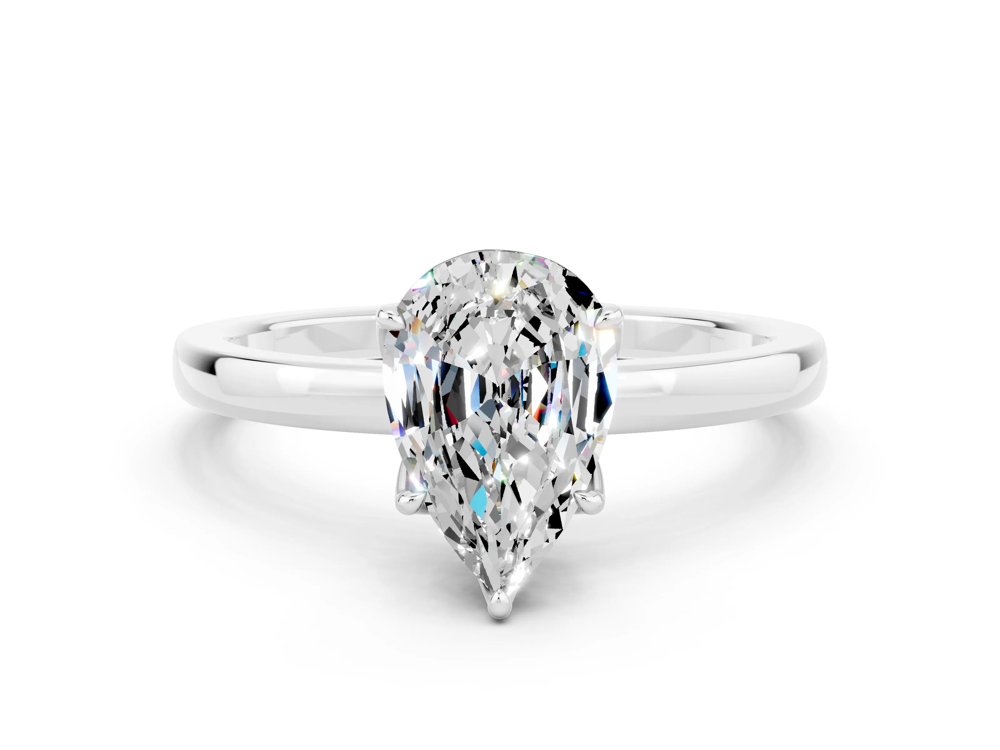 White gold Pear Cut Solitaire Diamond Ring with Thin Band and Four-Prong Setting